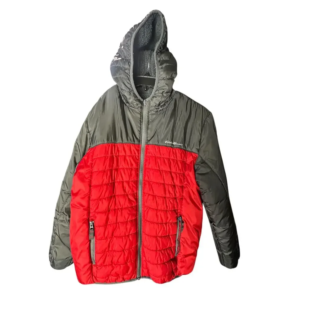 Eddie Bauer Youth Puffer Jacket Red Gray Hooded Coat Kids L 14/16 Winter